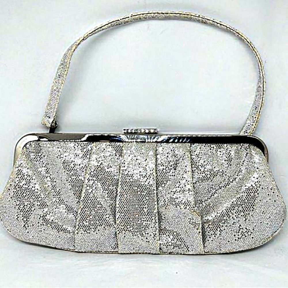VINTAGE SILVER METALLIC HANDBAG EVENING GLITZ HINGE CLOSURE Shoulder‎ Strap